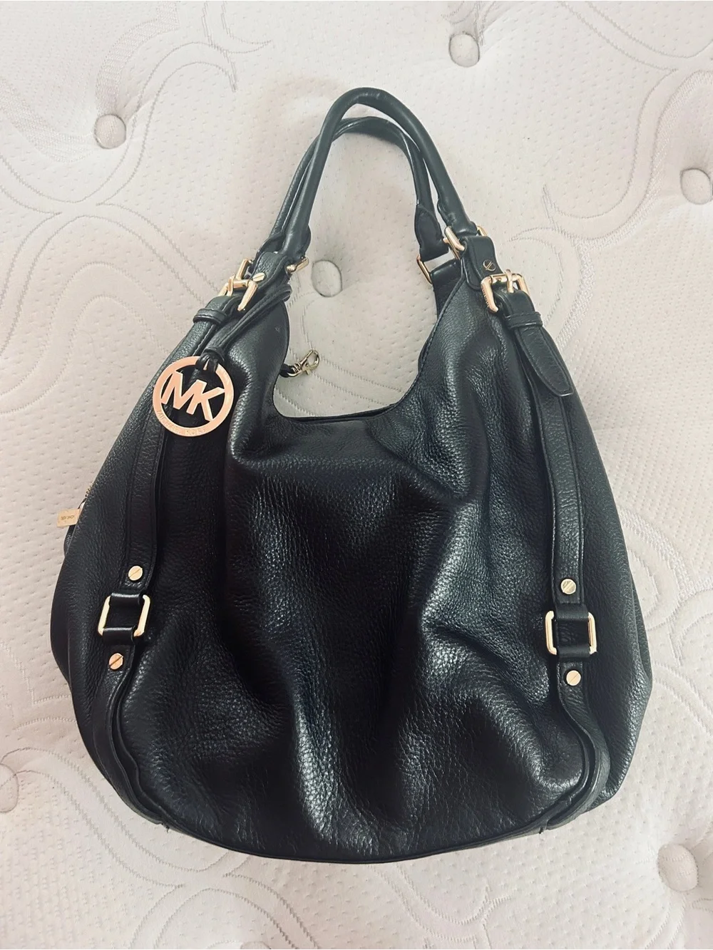 Michael Kors Black Pebbled Leather Hobo with Gold MK Charm